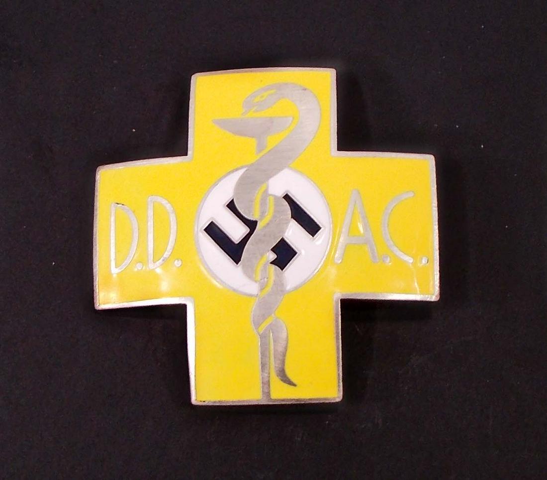 GERMAN NAZI MEDICAL DD AC DOCTORS BREAST BADGE: Measures 1 7/8" wide by 1 7/8" tall. The front of the maltese shows a snake wrapped around a beaker. It reads 'DD AC'. The reverse side is maker marked 'Carl Poellath Schrobenhausen'. It is also numbe