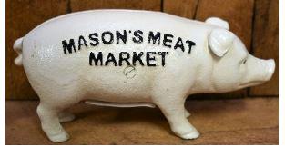 CAST IRON MASON'S MEAT MARKET ADVERTISING PIG BANK: 8 L x 3 W x 4 H