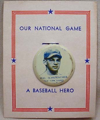 1932 HAL SCHUMACHER NEW YORK GIANTS BASEBALL CELLULO: 1932 HAL SCHUMACHER NEW YORK GIANTS BASEBALL CELLULOID PINBACK BUTTON