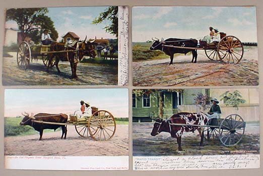 LOT OF 4 EARLY BLACK AMERICANA POSTCARDS - OX CARTS: LOT OF 4 EARLY BLACK AMERICANA POSTCARDS - OX CARTS