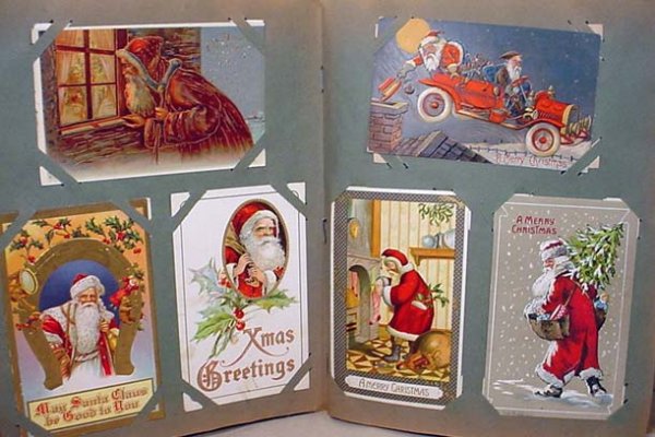 EARLY POSTCARD ALBUM W/ APPROX. 140 VINTAGE AND RE: Incl. Many Early Embossed Santas incl., Santas in Robes, Car, Purple Suit, Brown Robe, More! Also incl. RPPC Real Photo Postcards incl., Street Scenes, Man Holding Violin, Birds-eye View of Centrailia