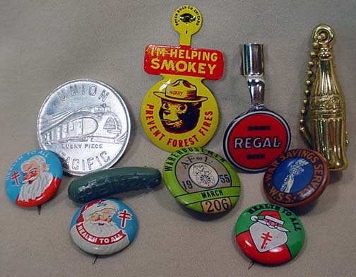 LOT OF 10 MISC. ADVERTISING ITEMS - INCL. PINBACK : Incl. Union Pacific Lucky Piece, 1939 World's Fair Pickle, Regal Beer, Christmas Seals Canta Pinback Buttons, More!