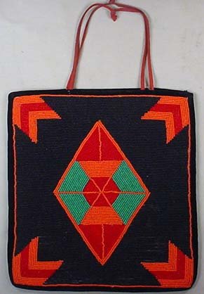 VINTAGE PLATEAU BEADED BAG W/ GEOMETRIC DESIGN: Great Black, Orange, Red and Green Colored Beads on Front. Velvet Edging w/ Canvas Back.