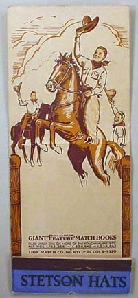 EARLY LARGE SIZE STETSON HATS WESTERN ADVERTISING : Giant "Feature" Matchbook Cover. From Cheyenne, Wyoming. Gorgeous Graphics.