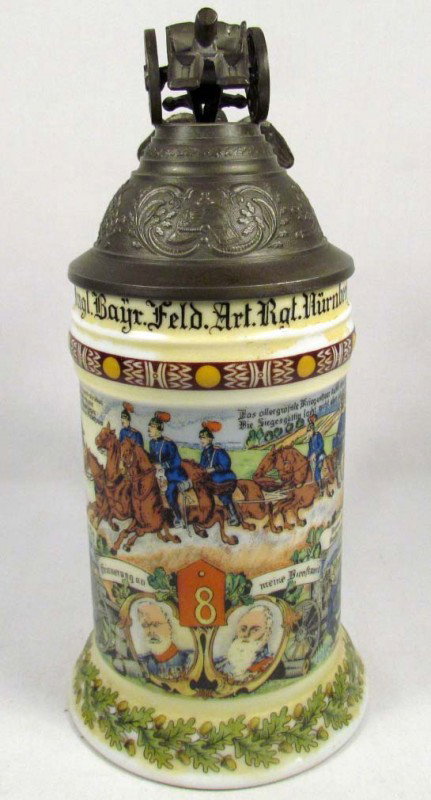 RARE WW1 IMPERIAL GERMAN 1ST BATTERY NURNBURG ARTI: RARE WW1 IMPERIAL GERMAN 1ST BATTERY NURNBURG ARTILLERY REGIMENTAL STEIN - Maker marked Kaiser NK w/ King's crown above. Approx 9" tall w/ pewter lid. List of soldier's names in the unit on the backsi