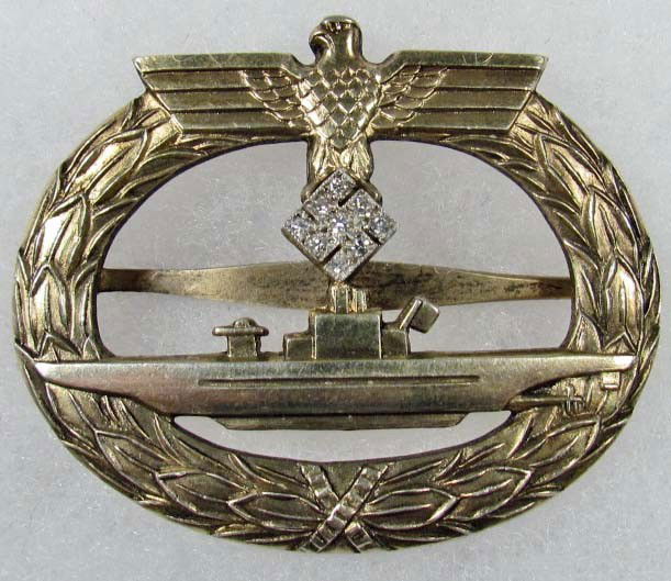 RARE WW2 GERMAN NAZI U-BOAT BADGE WITH DIAMONDS -: RARE WW2 GERMAN NAZI U-BOAT BADGE WITH DIAMONDS - Marked 800 for silver content, given as a gift to U-boat captains by Admiral Doernitz.