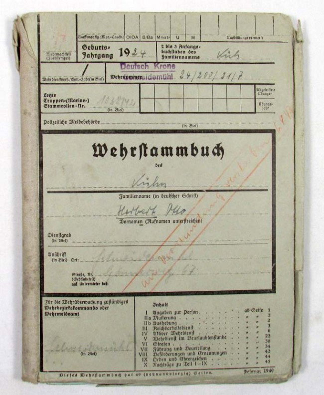 LOT OF WW2 GERMAN NAZI SOLDIER'S PAPERS - Partly p: LOT OF WW2 GERMAN NAZI SOLDIER'S PAPERS - Partly printed book, Wehrsammbuch (Military book) for Otto Herbert incl. his personal information and other paperwork. Soldbuch (Soldier Book) and Gesunheitsb