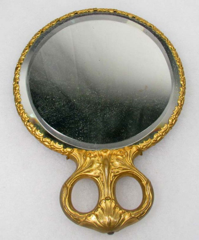 C. 1890'S VICTORIAN ERA HAND MIRROR W/ ENAMELED SC: C. 1890'S VICTORIAN ERA HAND MIRROR W/ ENAMELED SCENE - Approx. 5.25" diameter by 7" tall