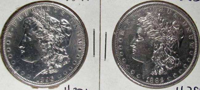 LOT OF 2 MORGAN SILVER DOLLARS: 1896-P and 1882-O