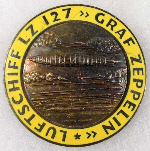 WW2 GERMAN NAZI GRAF ZEPPELIN LZ 127 AIR SHIP BADGE: Maker marked FLL. Yellow enamel