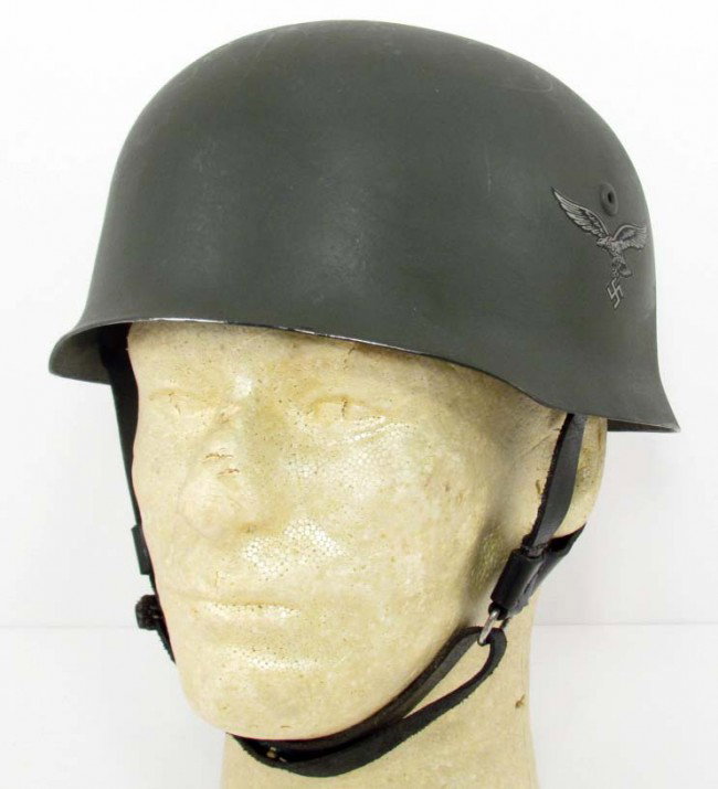 WW2 GERMAN NAZI CUT DOWN PARATROOPER STYLE HELMET: Helmet shell has been modified to resemble a paratrooper helmet. Incl. leather liner w/ chin straps.