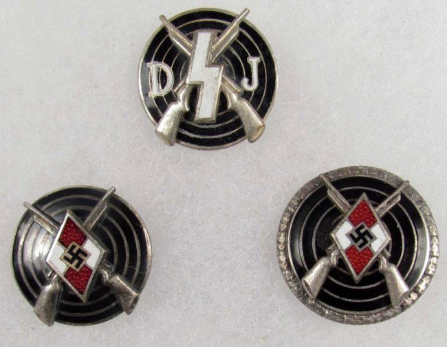 LOT OF 3 WW2 GERMAN NAZI HITLER YOUTH SHOOTING BAD: Maker marked RZM M1/114, M1/102 and M1/114. All have enamel and thin horizontal pinbacks.