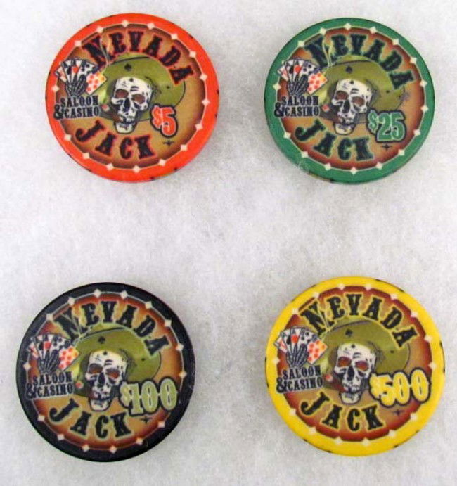 LOT OF 4 NEVADA JACK SALOON AND CASINO GAMBLING POK: Denominations are $5, $25, $100 and $500. Shows a human skull smoking a cigar. Very neat graphics
