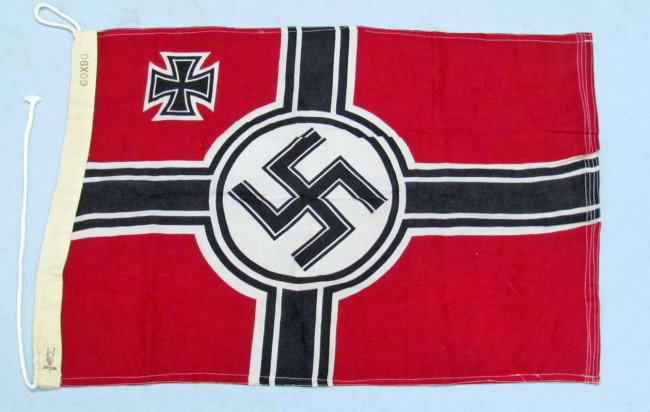 WW2 GERMAN NAZI FLAG: Bunting is marked 60 x 90 and stamped with Eagle and an M. Appears to have a new cord in the bunting.