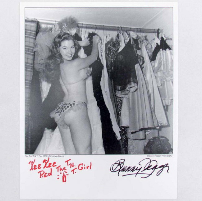 SIGNED 8" BY 10" PHOTO OF TEE TEE "T.N.T." RED AND: Signed by the 1950's striptease dancer and the photographer who took the picture. COA is from Todd Mueller Autographs.