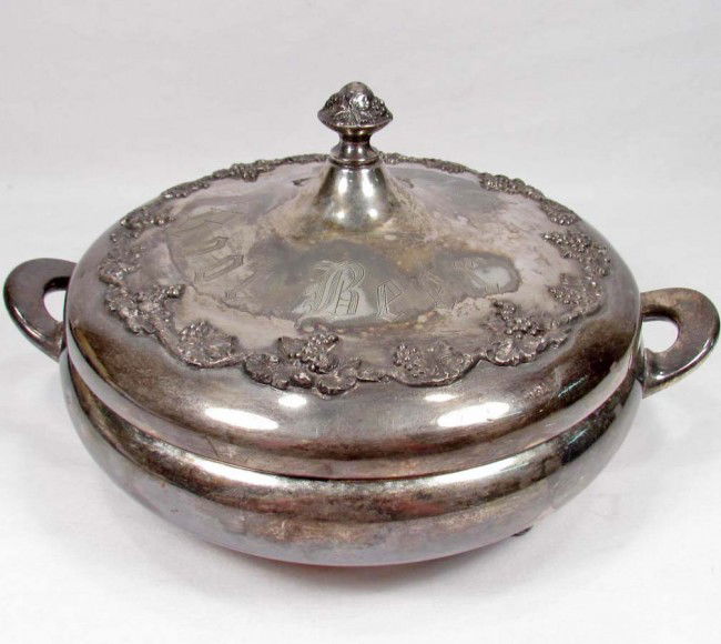 RARE HIRES ROOT BEER ADVERTISING CANDY DISH: Measures 9" in diameter. The lid is hand engraved HIRES ROOT BEER. The base is maker marked Adelphi Silver Co New York Quadruple Plate 69. Includes a two piece silver plated lid and bottom, with a por