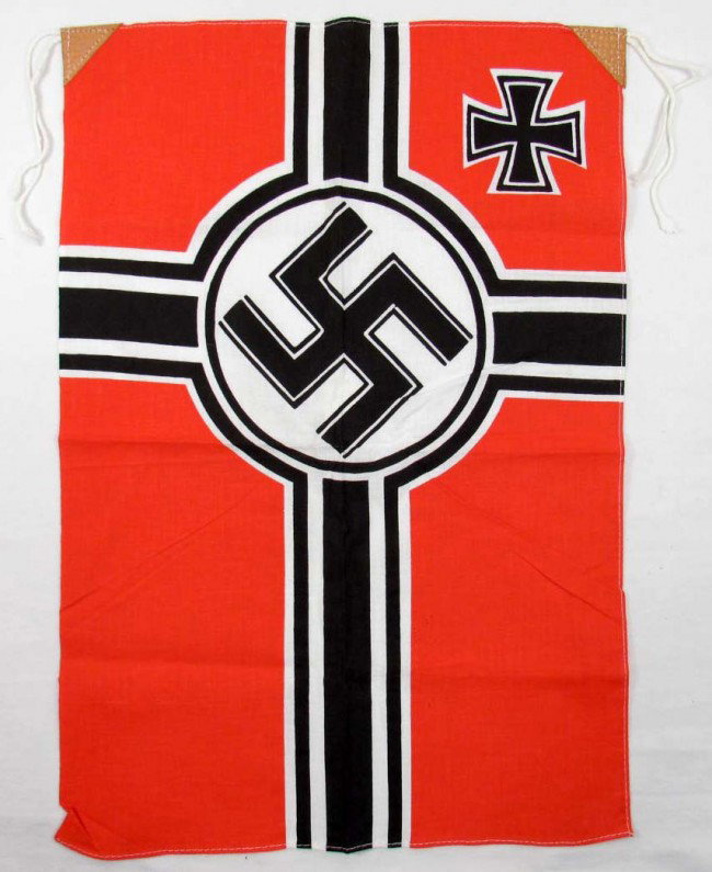 GERMAN NAZI VEHICLE PENNANT BATTLE FLAG: Measures 13 3/4" by 19 1/2". Has two leather reinforcements in the corners. Printed cotton construction.