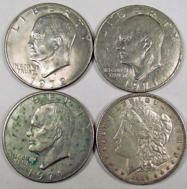 LOT OF 4 US COINS - MORGAN SILVER DOLLAR AND IKE DO: 1889-P Morgan Silver Dollar, 2 - 1971-D Ike Dollars and 1-1972-D Ike Dollar
