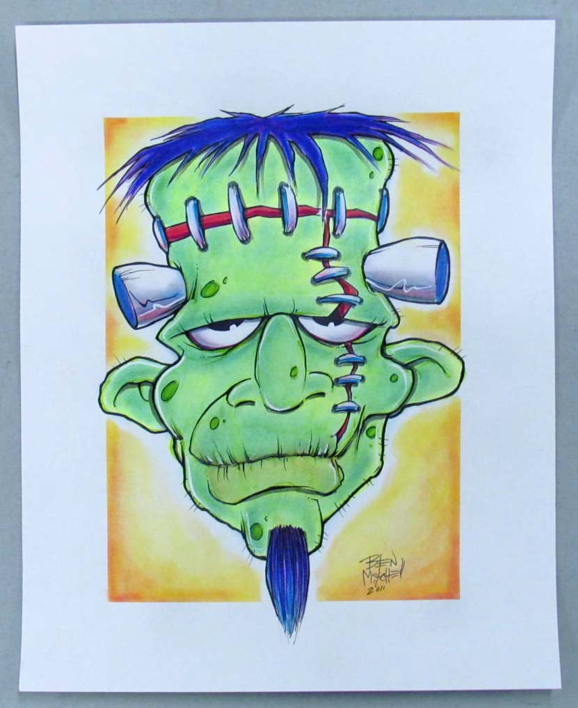 LARGE ORIGINAL FRANKENSTEIN PAINTING BY BEN MITCHE: Mixed Media / Airbrush Painting by Noted Kustom Kulture / Hot Rod Artist, Ben 'Dragdaddy' Mitchell.