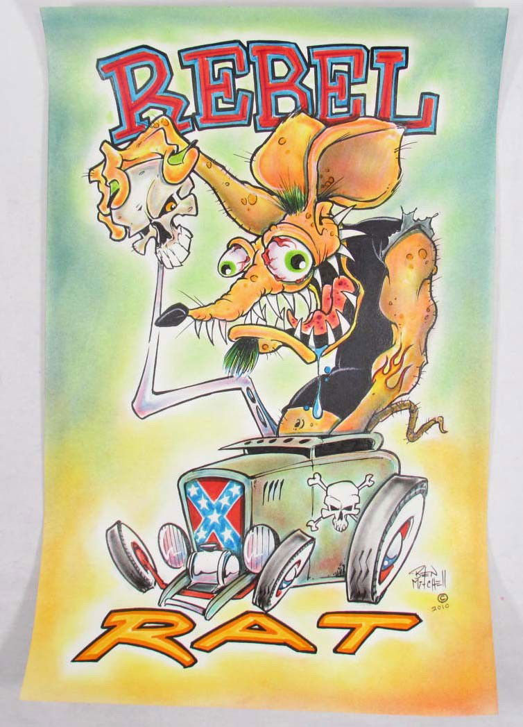 ORIGINAL INK "REBEL RAT" AIRBRUSH PAINTING ON PAPE: Mixed Media / Airbrush Painting by Noted Kustom Kulture / Hot Rod Artist, Ben 'Dragdaddy' Mitchell.