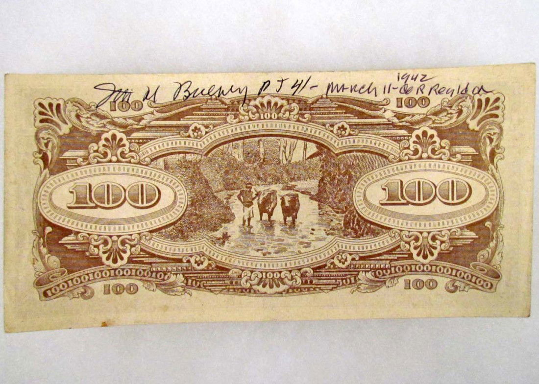 WW2 JAPANESE OCCUPATION 100 DOLLAR BILL SIGNED BY: Signed PT 41 March 11, 1942, Corregidor. The date he evacuated General MacArthur in the Philippines.