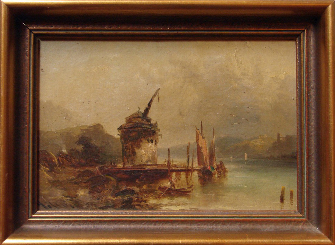 MWF238 - OIL ON CANVAS - 'Dutch River' Scene Signe: A fine oil on canvas, painted in Holland, during the first half of the 19th century by Hilter and so signed "Hildebrand Hilter". The painting, only 7" x 9" shows exacting detail with minimal brushs