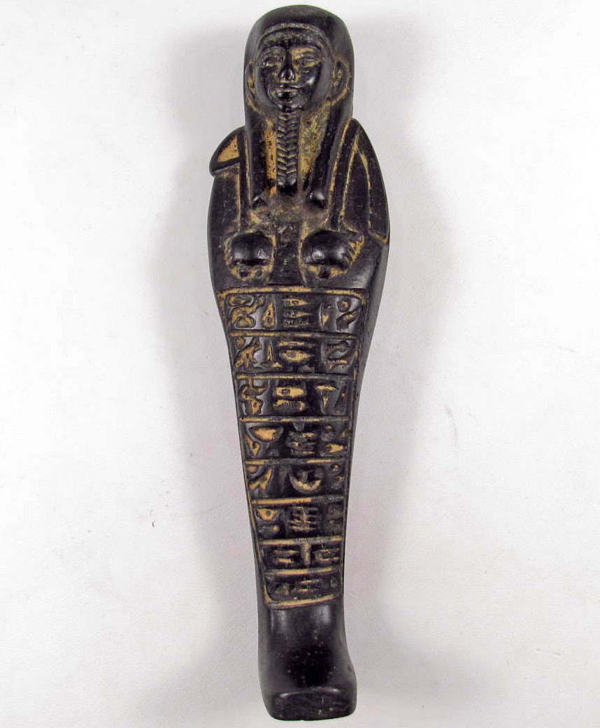 RARE LARGE EGYPTIAN USHABTI FUNERARY STATUE: The Ushabti were funerary figurines used in Ancient Egypt. They were placed in tombs among the grave goods and were intended to act as substitutes for the deceased should he/she be called upon to do m