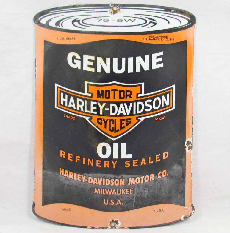HARLEY DAVIDSON MOTORCYCLE PORCELAIN ADVERTISING S: Approx. 8" by 11". Has a few dings and is a bit faded. It reads Genuine harley Davidson Motorcycles Oil Refinery Sealed harley Davidson Motor Co Milwaukee USA Made in USA