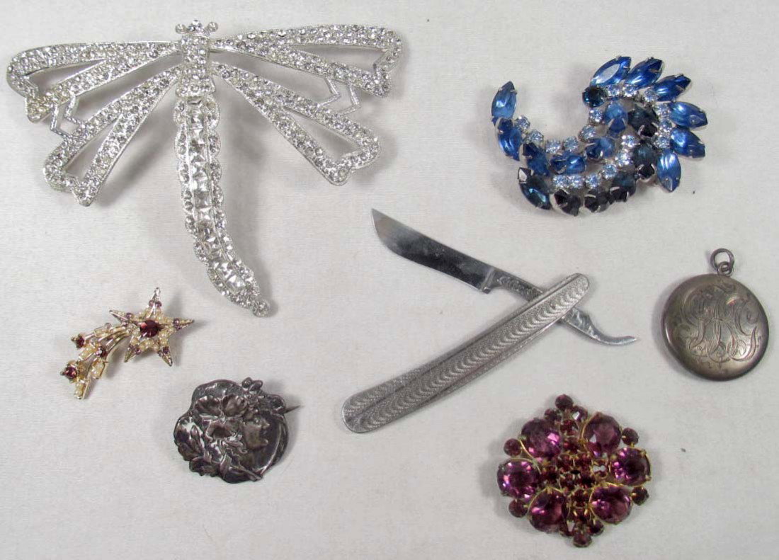 LOT OF MISCELLANEOUS TREASURES: Incl. Sterling silver Art Nouveau Pin, Sterling silver locket engraved 1905, Vintage costume jewelry, More!