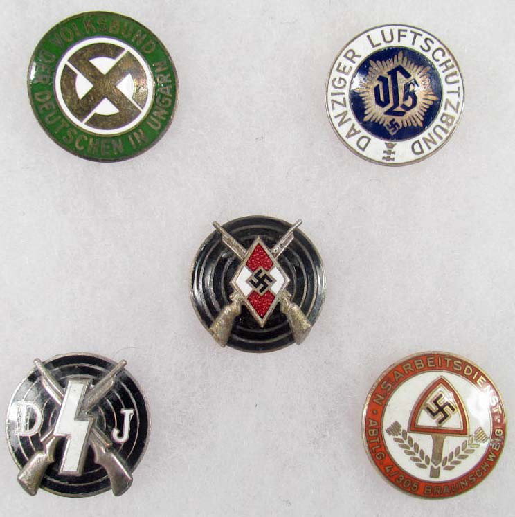 LOT OF 5 GERMAN NAZI ENAMELED PARTY BADGES: They include Hitler Youth HJ/Deutches Youth DJ/RAD Labor RLB Civil Defense / Dutch. All are maker marked and have pinbacks.