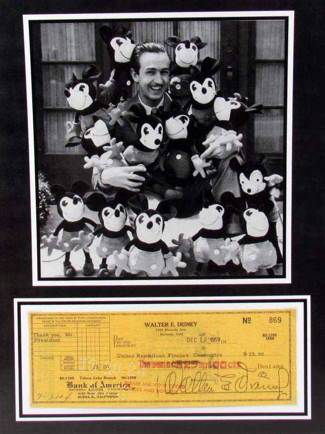 3585 - WALT DISNEY PHOTO & SIGNED CHECK DISPLAY -: (Any Signatures are Facsimile/Copies)