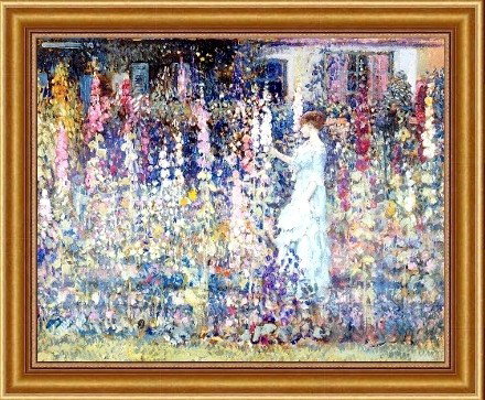 3855 - "HOLLYHOCKS" BY FRIESEKE ART PRINT ON CANVA