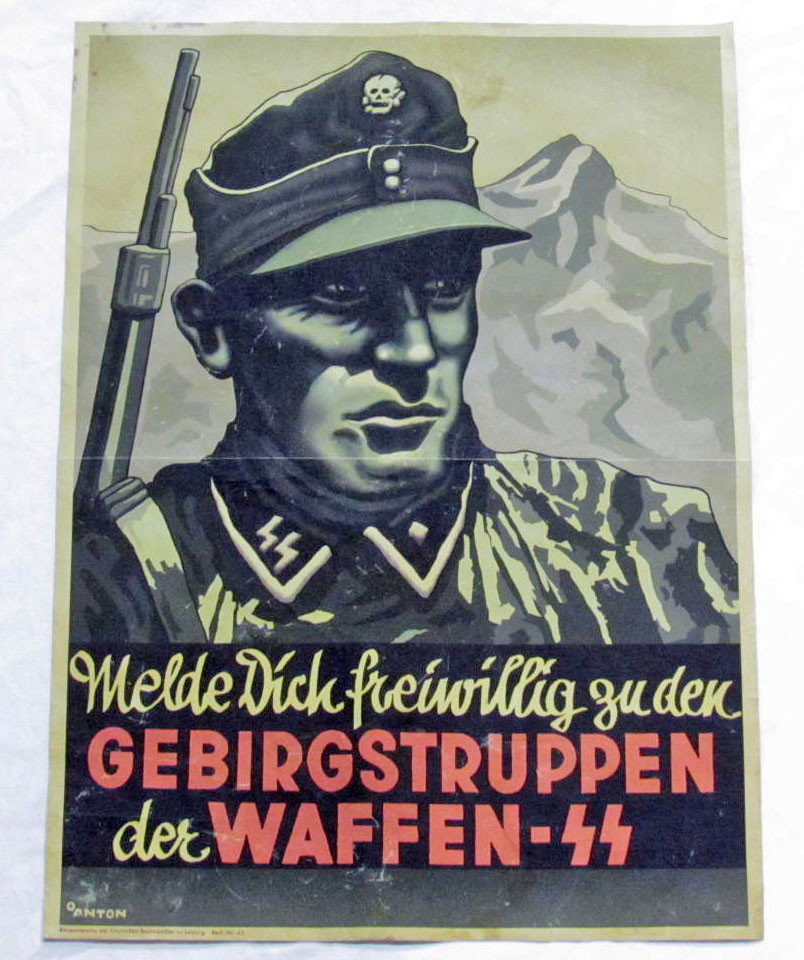 GERMAN NAZI POSTER PROMOTING WAFFEN SS: Approx. 33" by 24"