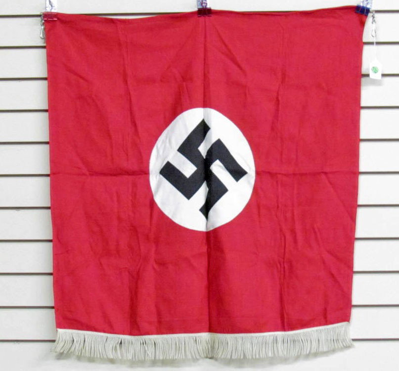 GERMAN WW2 NAZI NSDAP POLITICAL PODIUM BANNER FLAG: Approx. 28.5" by 31.5" including the fringe. Machine sewn. Has 2 nickel clips on one end. Three piece cotton construction.