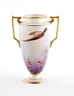 Minton Painted Porcelain Vase, J. E. Dean circa 1920: form painted with scene of rising pheasant, signed J.E. Dean and Minton mark on base. H5" FY78