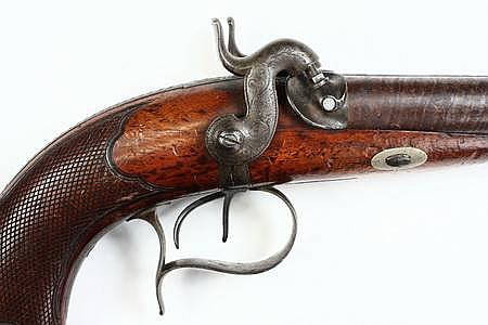 DOUBLE-BARREL PERCUSSION PISTOL -: French Double Barrel Percussion Pistol, with gold inlaid barrel marked 'Perin LePage a Paris', with side-by-side .60 cal rifled barrels, engraved locks, silverplated engraved trigger guard and ramrod