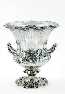 Georgian Old Sheffield Fused Plate Wine Cooler circ: Ruffled rim formed of sheaves bound by grapevines, with twist handles, let in arms possibly of the Abney Family with motto INDUSTRIA; underside marked with crown punch. H11 1/2" FY82