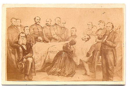 Lincolns death bed scene: with Mary Todd Lincoln kneeling at his side, surrounded by various political figures of the time. Civil War era carte-de-visite (CDV) card. Very good condition. MWF911G