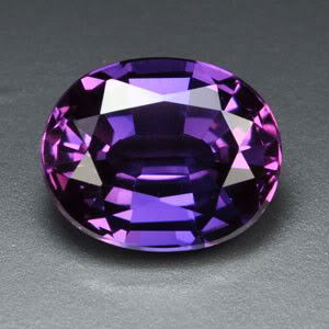 5.35ct. PURPLE SAPPHIRE,: oval cut, excellent color. Purple sapphire is rare, but found in Sri Lanka and Tanzania. Iron and titanium impurities together cause the purple hue of the stone. MWF178