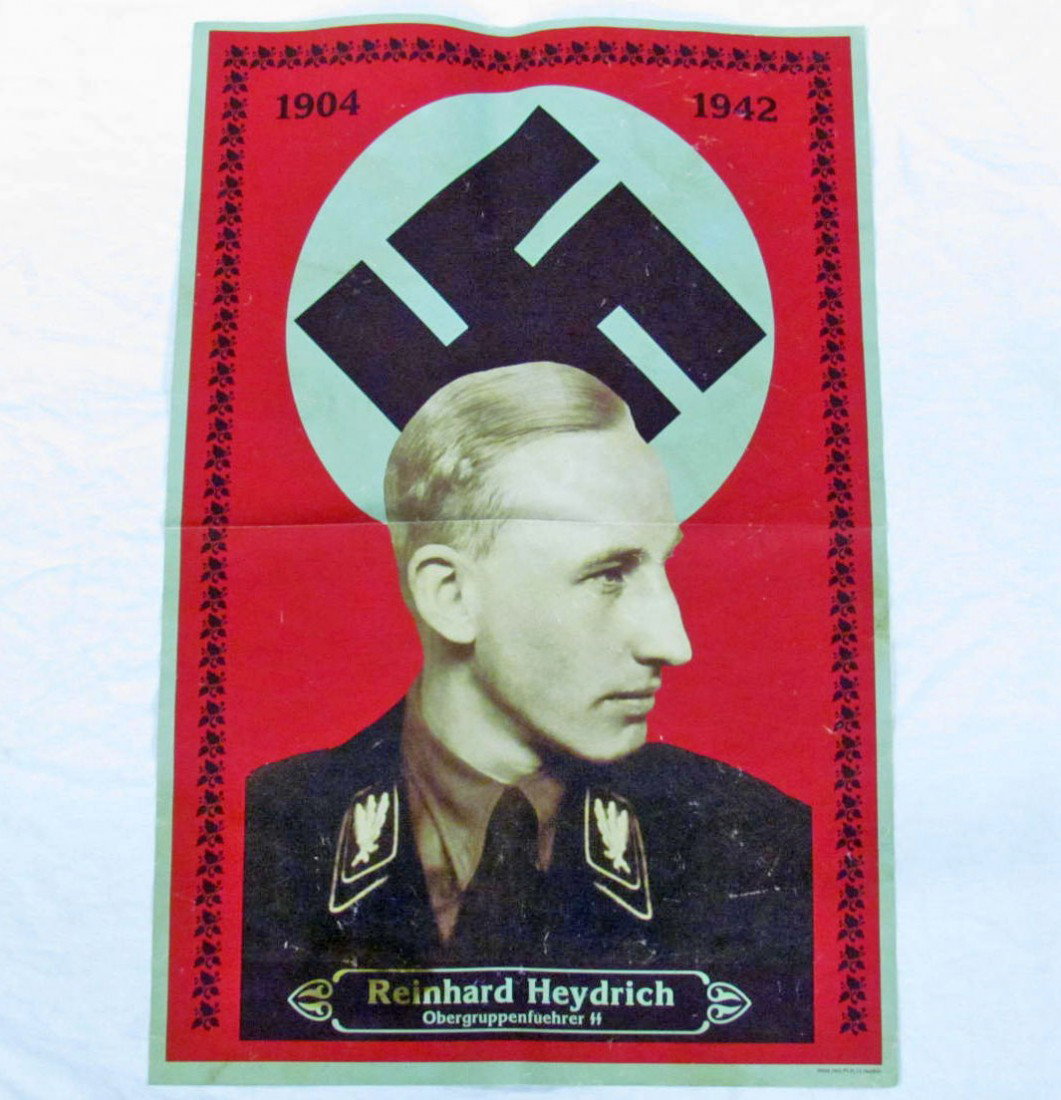 GERMAN NAZI POSTER OBERGRUPPENDUEHRER SS REINHARD H: Issued in memory of the assassination by Polish Freedom Fighters. Approx. 33" by 24"