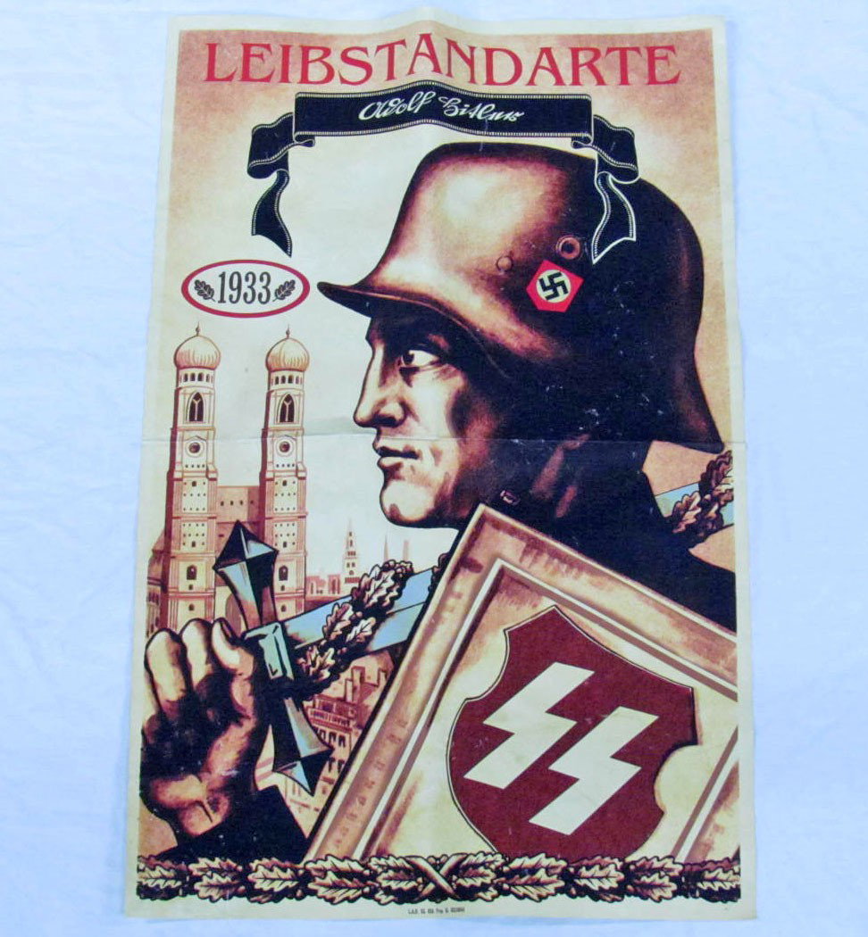 GERMAN NAZI POSTER PROMOTING SS LEIBSTANDARD ADOLP: Approx. 33" by 24"
