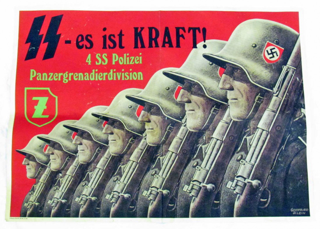 GERMAN NAZI POSTER PROMOTING 4TH SS POLICE PANZERG: Approx. 33" by 24"