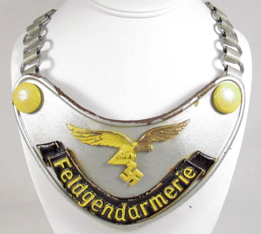 GERMAN NAZI LUFTWAFFE FELDGENDARMERIE FIELD GORGET: Measures 4 1/4" by 6 3/8". Includes the aluminum neck chain.