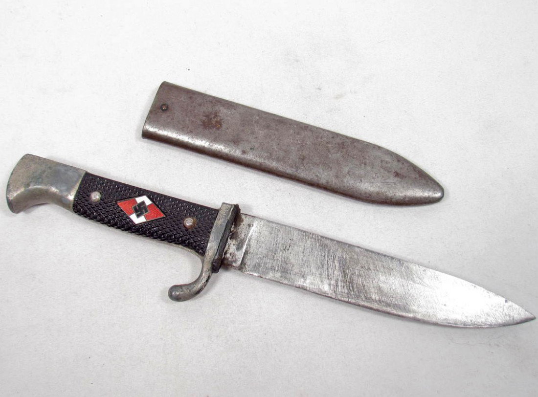 GERMAN NAZI HITLER YOUTH HJ KNIFE W/ SCABBARD: Measures 9 7/8" long overall. The blade has been sharpened. Maker marked RZM M7/73.