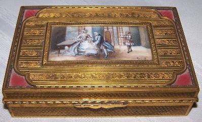 UNIQUE PAINTED PORTRAIT MINIATURE BRONZE BOX DATIN: UNIQUE PAINTED PORTRAIT MINIATURE BRONZE BOX DATING TO THE NINETEENTH CENTURY FROM FRANCE. THE BOX DIMENSIONS ARE 6in X 4in X 1.5in. THE BOX IS GILDED ALL OVER AND EMBOSSED WITH GUILLOCHING. IN THE CO