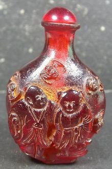MWF1190 Handcarved Chinese Amber Jade Snuff Bottle: MWF1190 Handcarved Chinese Amber Jade Snuff Bottle depicting a Boy & Girl with Bats Lotus Flower