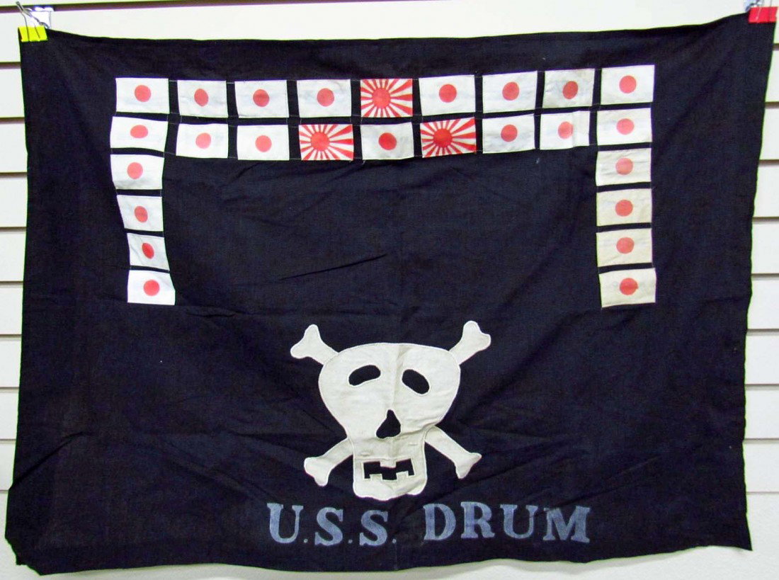 USN NAVAL USS DRUM SUBMARINE KILL FLAG: Approx. 28" by 39.25" Multi piece cotton construction that is machine sewn. Single sided.