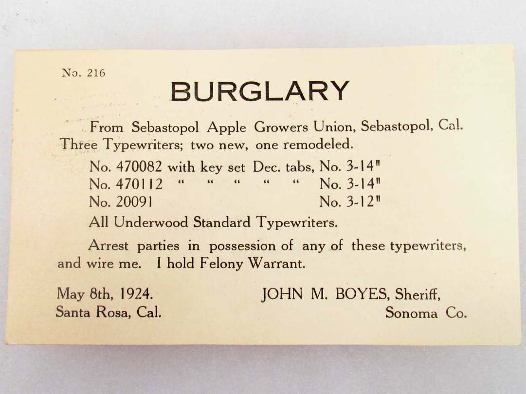 1924 WANTED POSTCARD - BURGLARY OF TYPEWRITERS