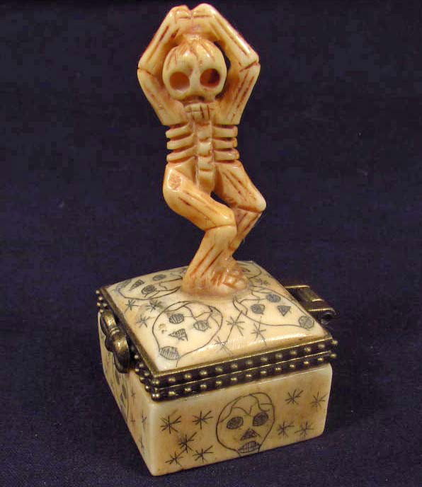 CARVED OX BONE SKELETON TRINKET BOX
