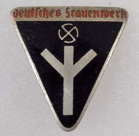GERMAN NAZI FRAUENWERK FEMALE ENAMELED BADGE: Maker marked RZM M1/105. Has a thin vertical pinback.